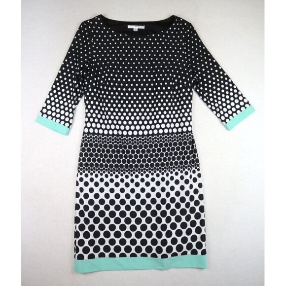 STUDIO ONE - WOMEN'S BLACK WHITE MINT POLKA DOT PRINT 3/4 SLEEVE SHIFT DRESS - S - Picture 1 of 5